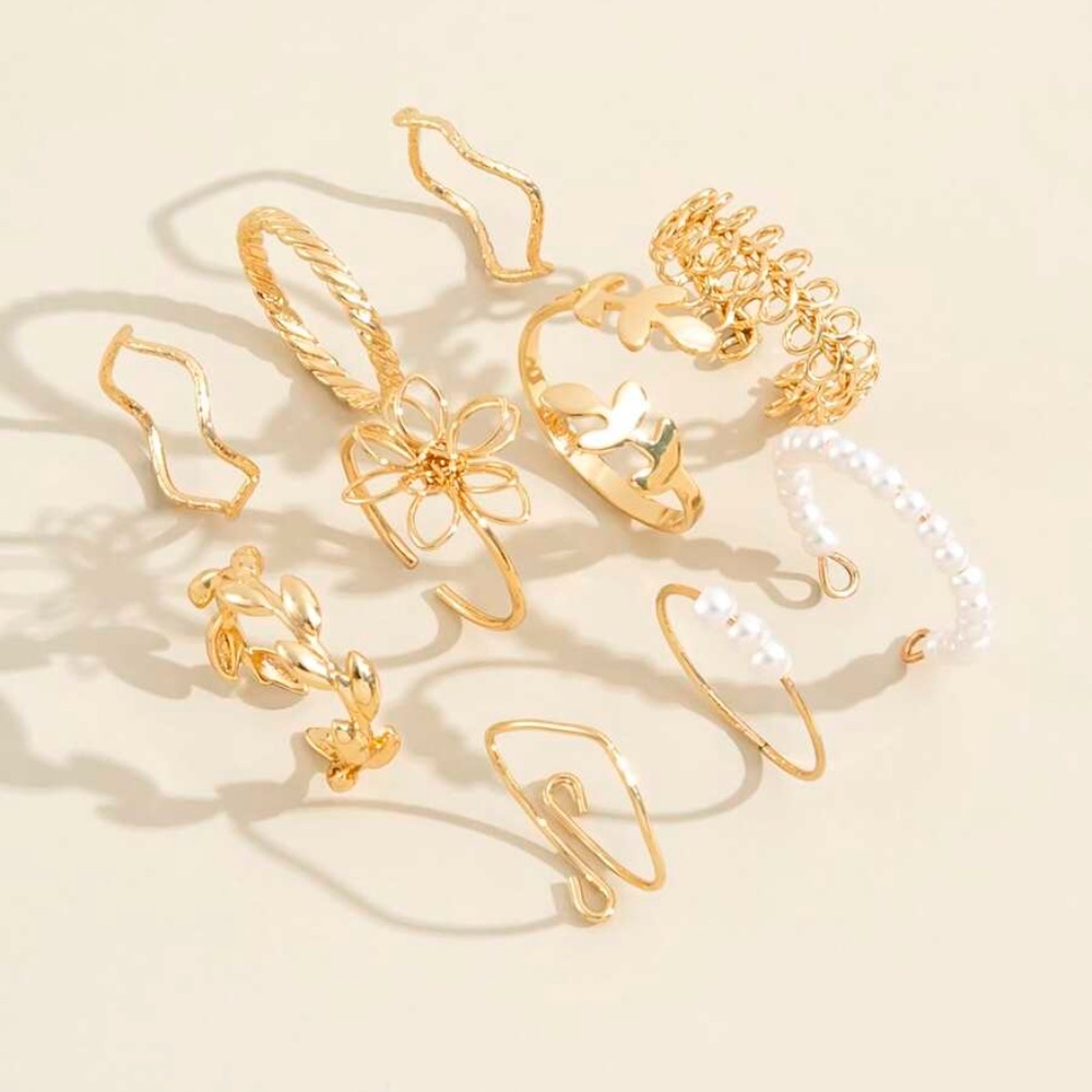 Boho Gold tone Floral Pearl Leaf Ring set - Picture 2 of 4